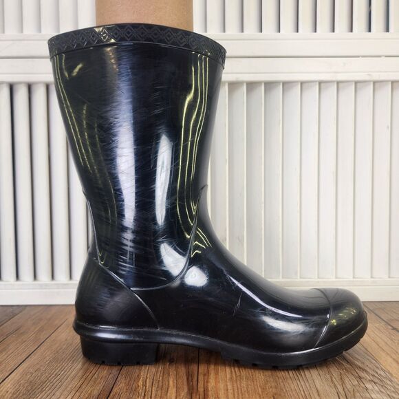 UGG Sienna Womens Sz 7 Black Glossy Rubber Boots Garden Outdoors Designer Modern - Picture 5 of 10